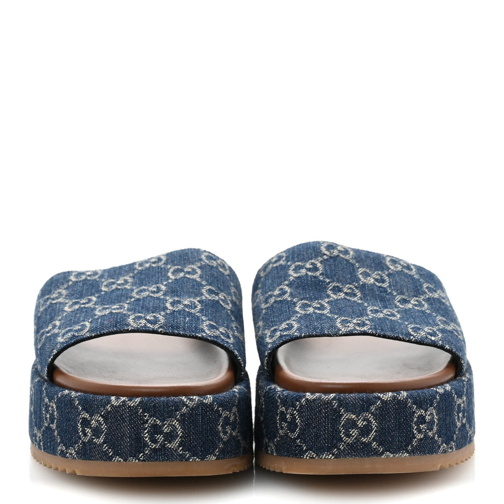 New Denim GG Monogram Angelina Platform 55mm Slide Sandals 41 Blue Tea