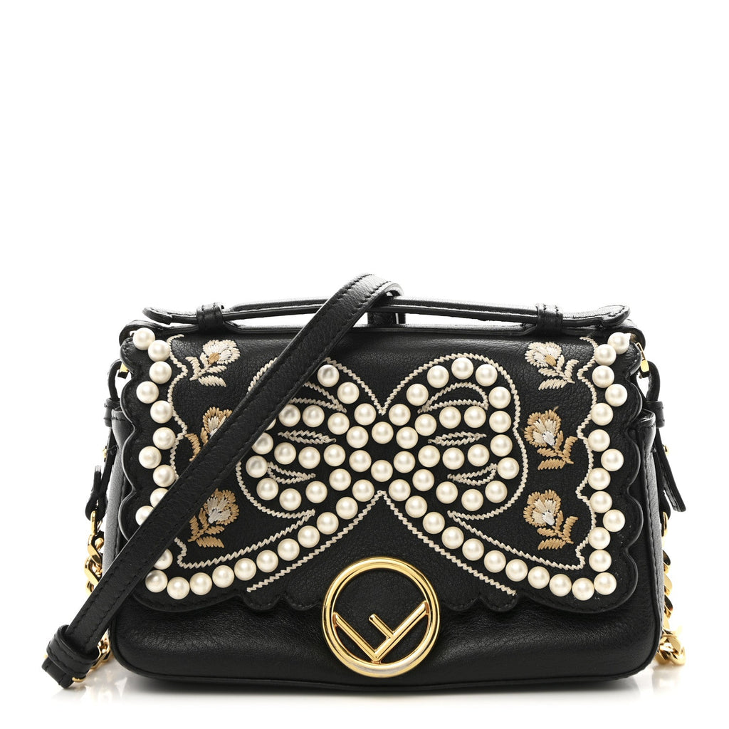 Vitello Dolce F is Fendi Flowers and Bows Scalloped Micro Double Baguette Black