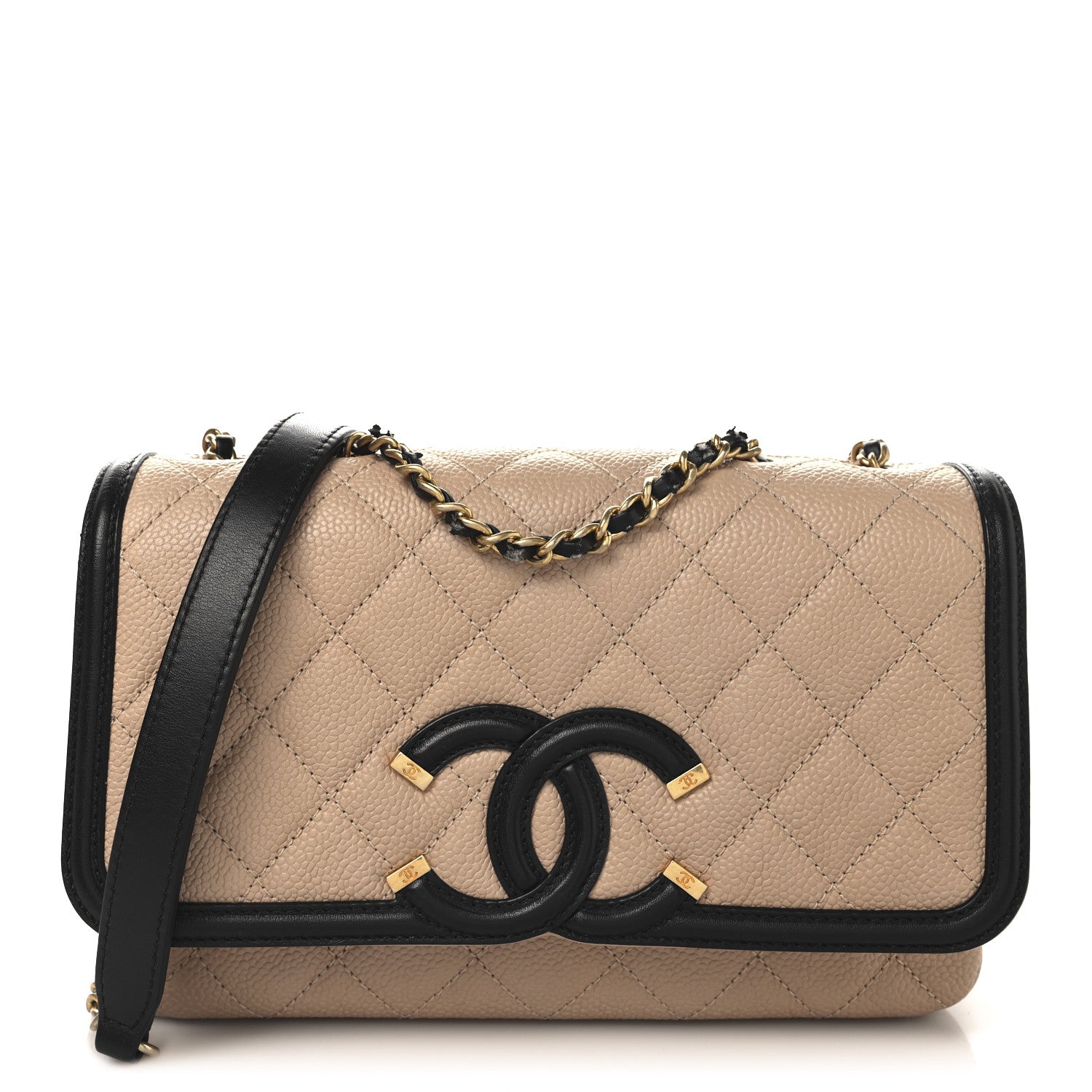 Caviar Quilted Small CC Filigree Flap Beige Black