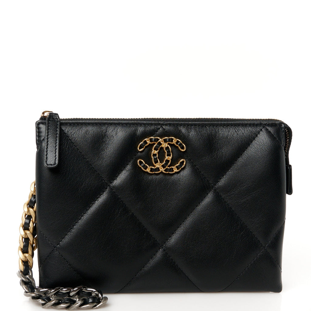 Shiny Goatskin Quilted Small Chanel 19 Pouch With Handle Black