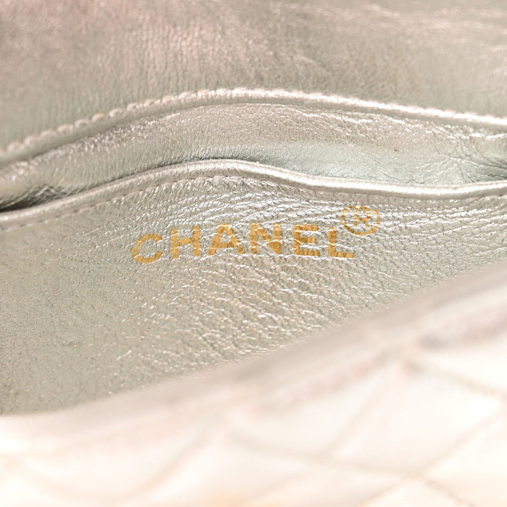 Metallic Goatskin Quilted Square Flap Shoulder Bag Silver