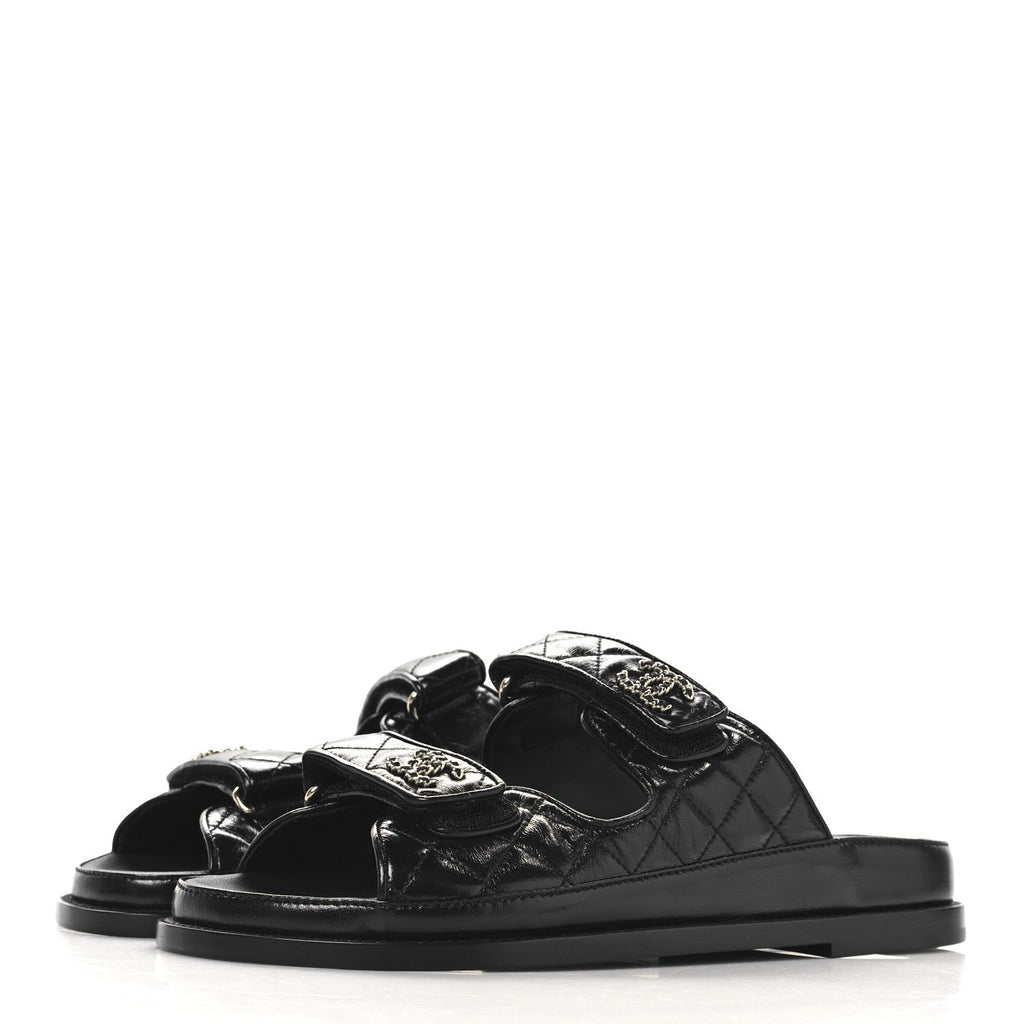 Lambskin Quilted Velcro Dad Chain CC Slide Sandals 39 Black
