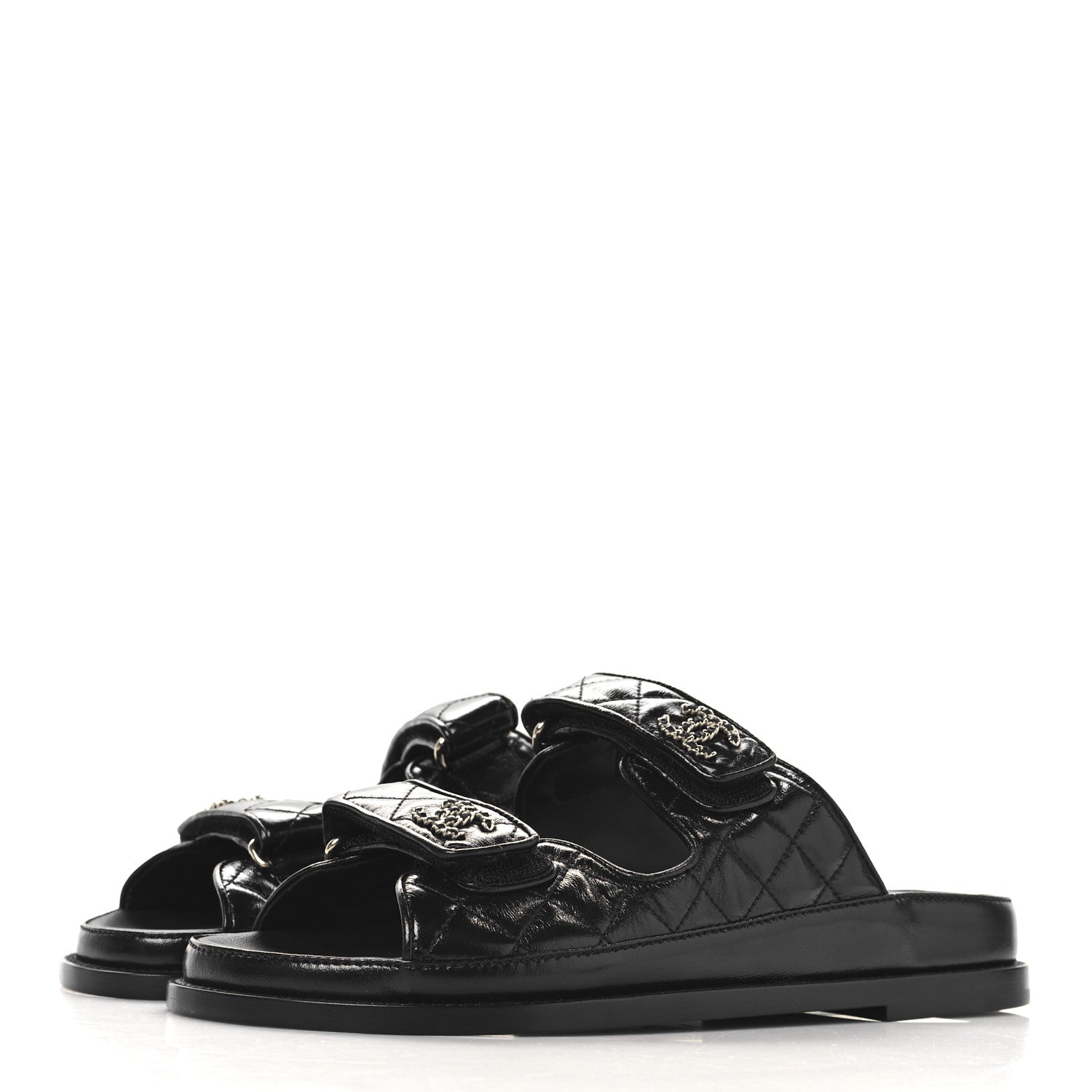 Lambskin Quilted Velcro Dad Chain CC Slide Sandals 39 Black