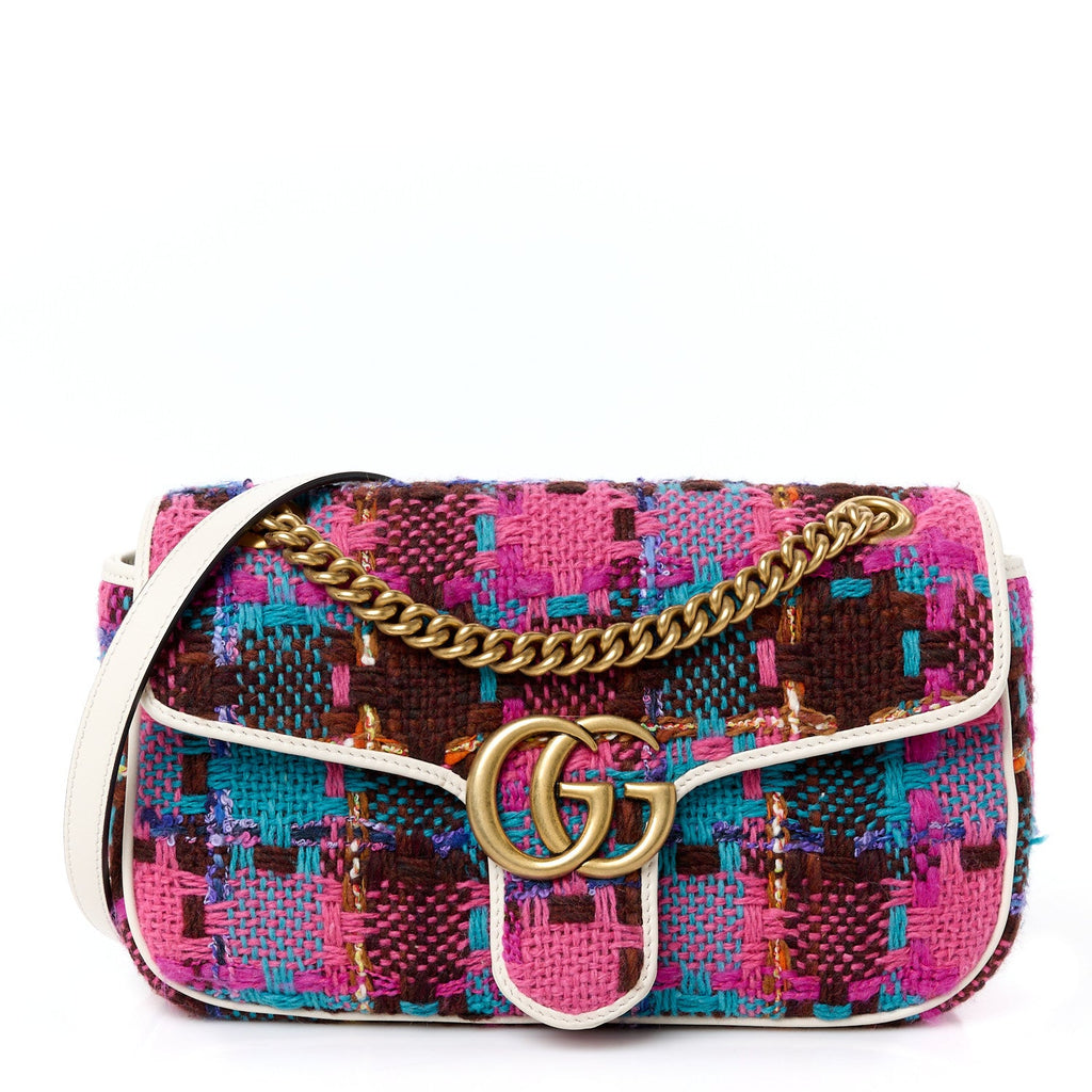 Tweed Calfskin Spicy Check Small GG Marmont Shoulder Bag Pink Multicolor Mystic White