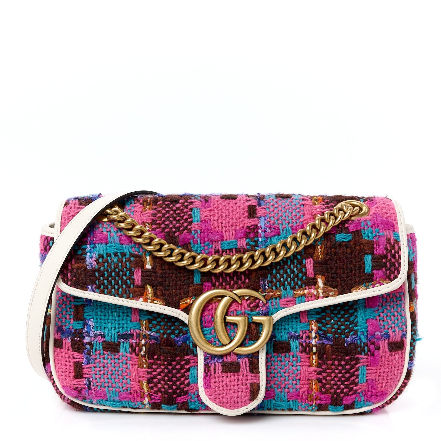 Tweed Calfskin Spicy Check Small GG Marmont Shoulder Bag Pink Multicolor Mystic White