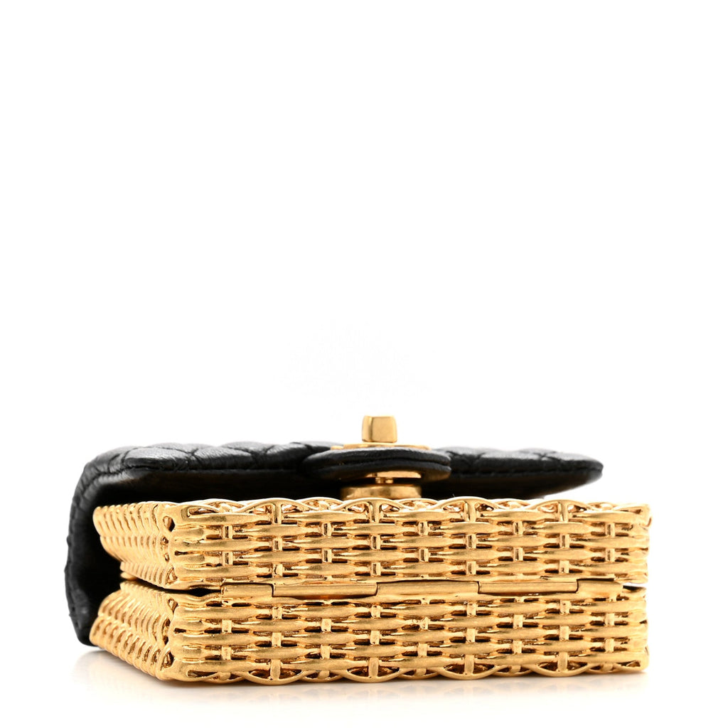 Woven Metal Lambskin Quilted Micro Flap Black Gold