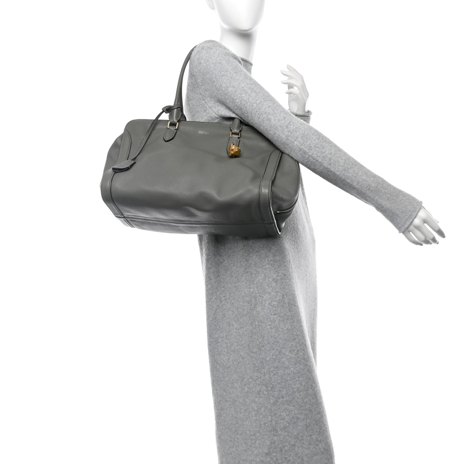 Pebbled Calfskin Large Skull Padlock Zip Around Tote Dark Grey