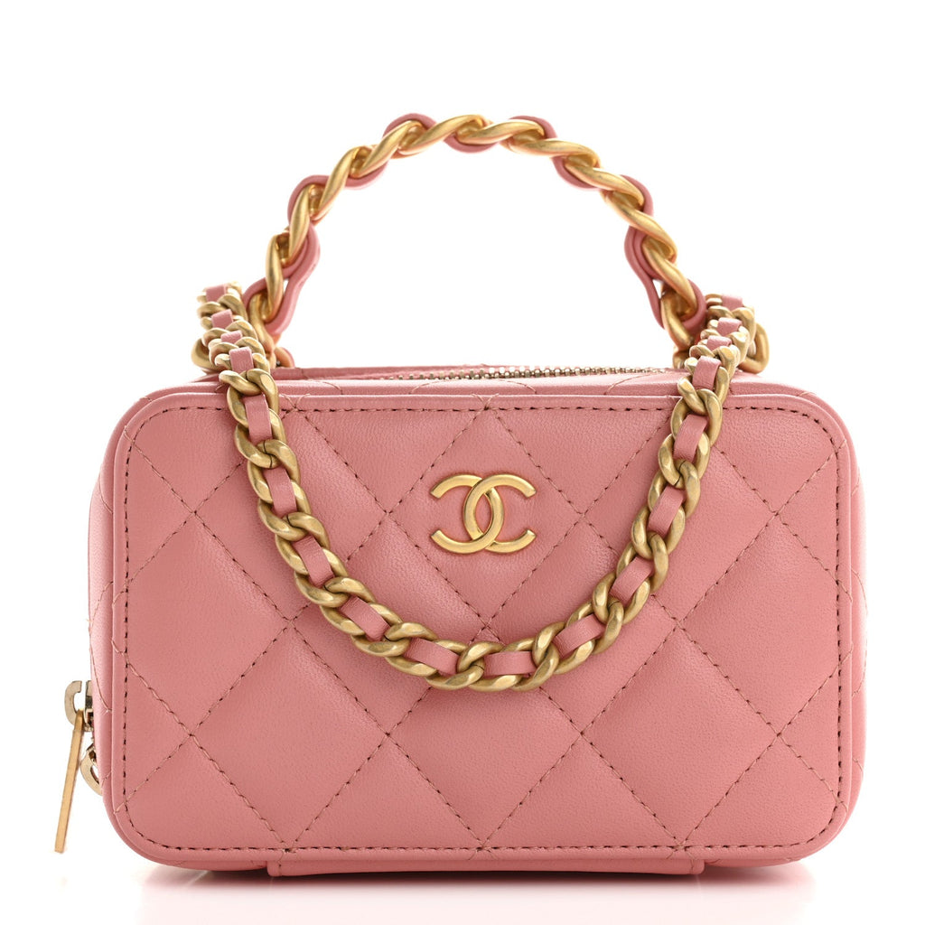 Lambskin Quilted Top Handle Mini Vanity Case Pink