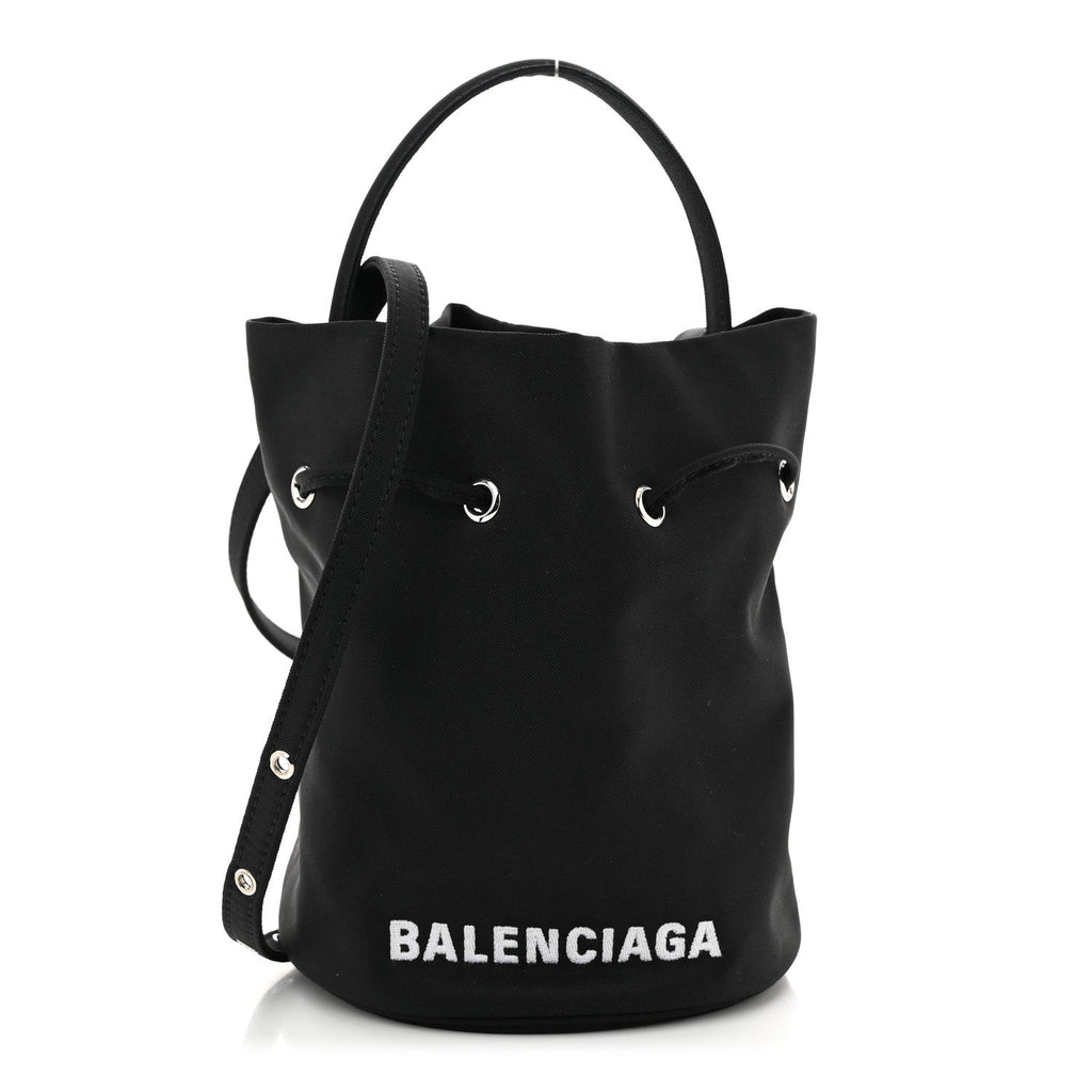 Recycled Sport Nylon Logo Embroidered Wheel Drawstring Bucket Bag Black White