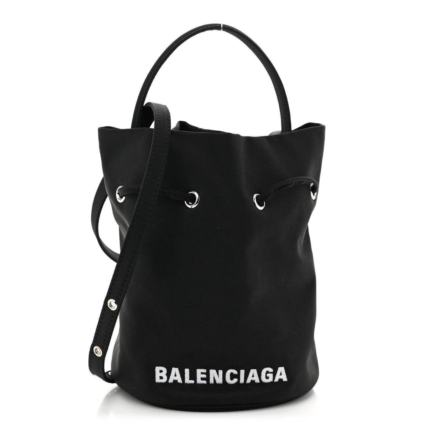 Recycled Sport Nylon Logo Embroidered Wheel Drawstring Bucket Bag Black White