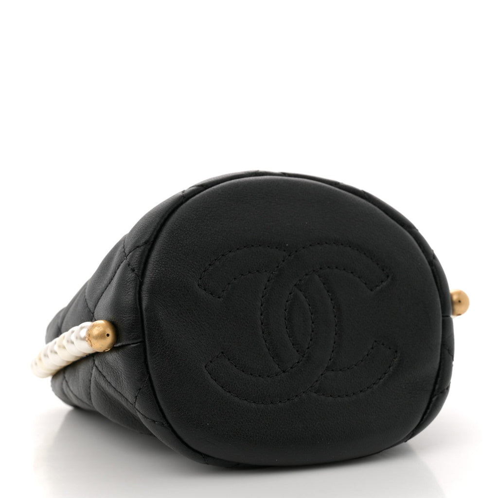 Calfskin Quilted Pearl Mini About Pearls Drawstring Bucket Bag Black