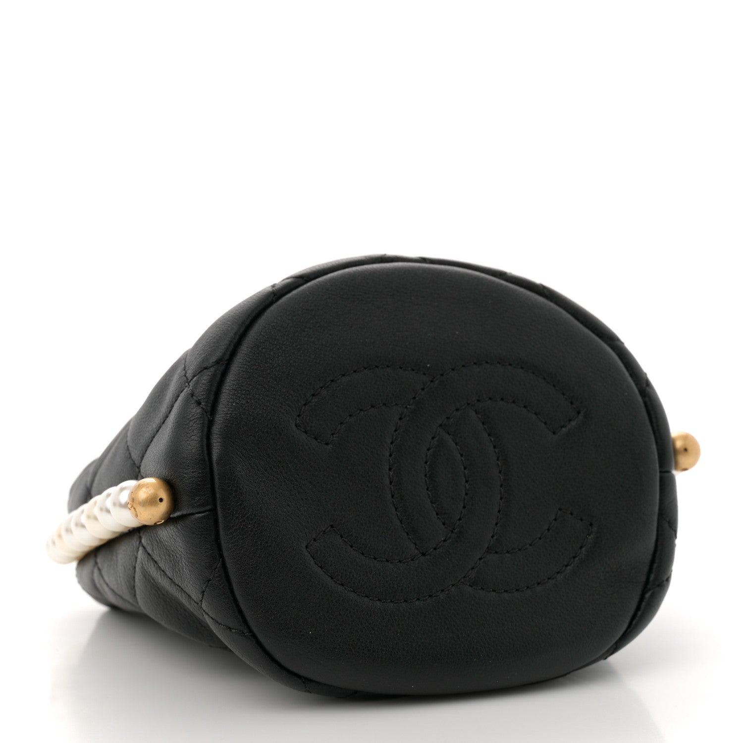 Calfskin Quilted Pearl Mini About Pearls Drawstring Bucket Bag Black