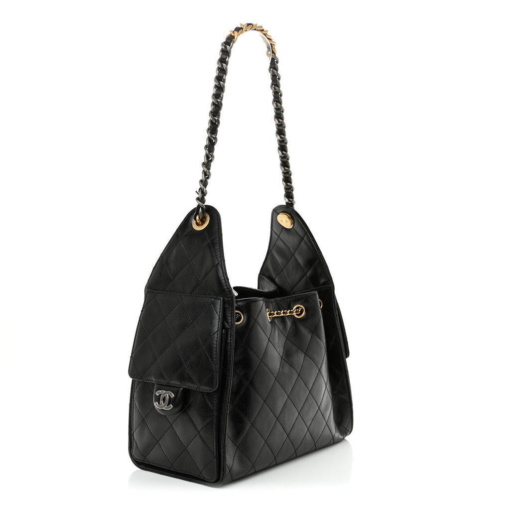 Shiny Crumpled Calfskin Quilted Small Chanel 25 Handbag Black