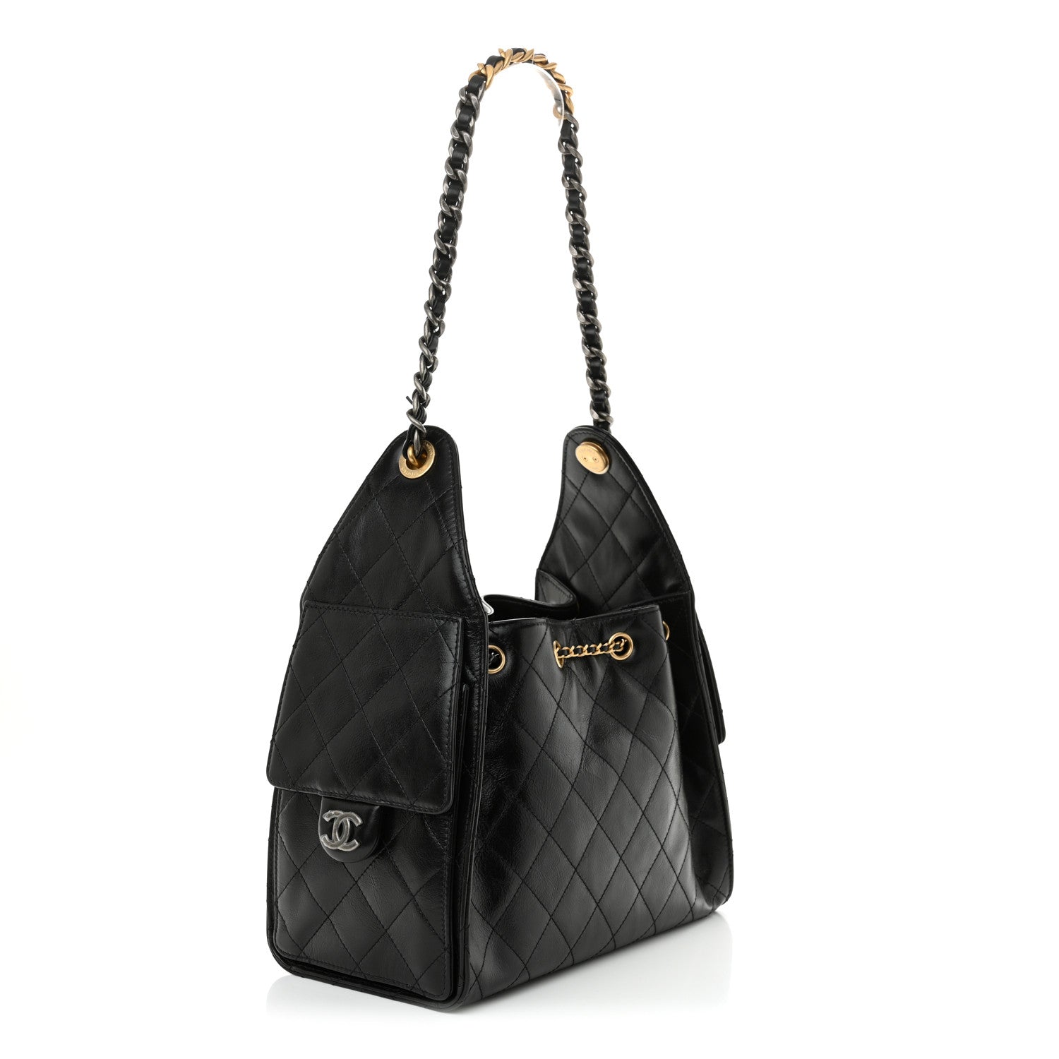 Shiny Crumpled Calfskin Quilted Small Chanel 25 Handbag Black