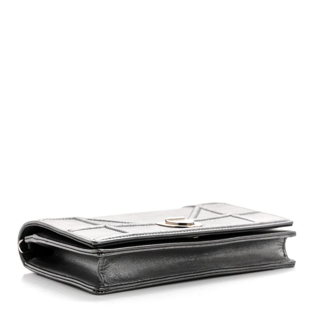 Metallic Grained Calfskin Diorama Wallet on Chain Pouch Gunmetal Grey