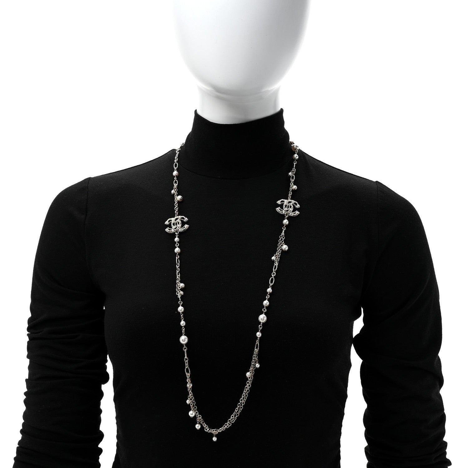 Pearl Crystal CC Long Necklace Light Gold