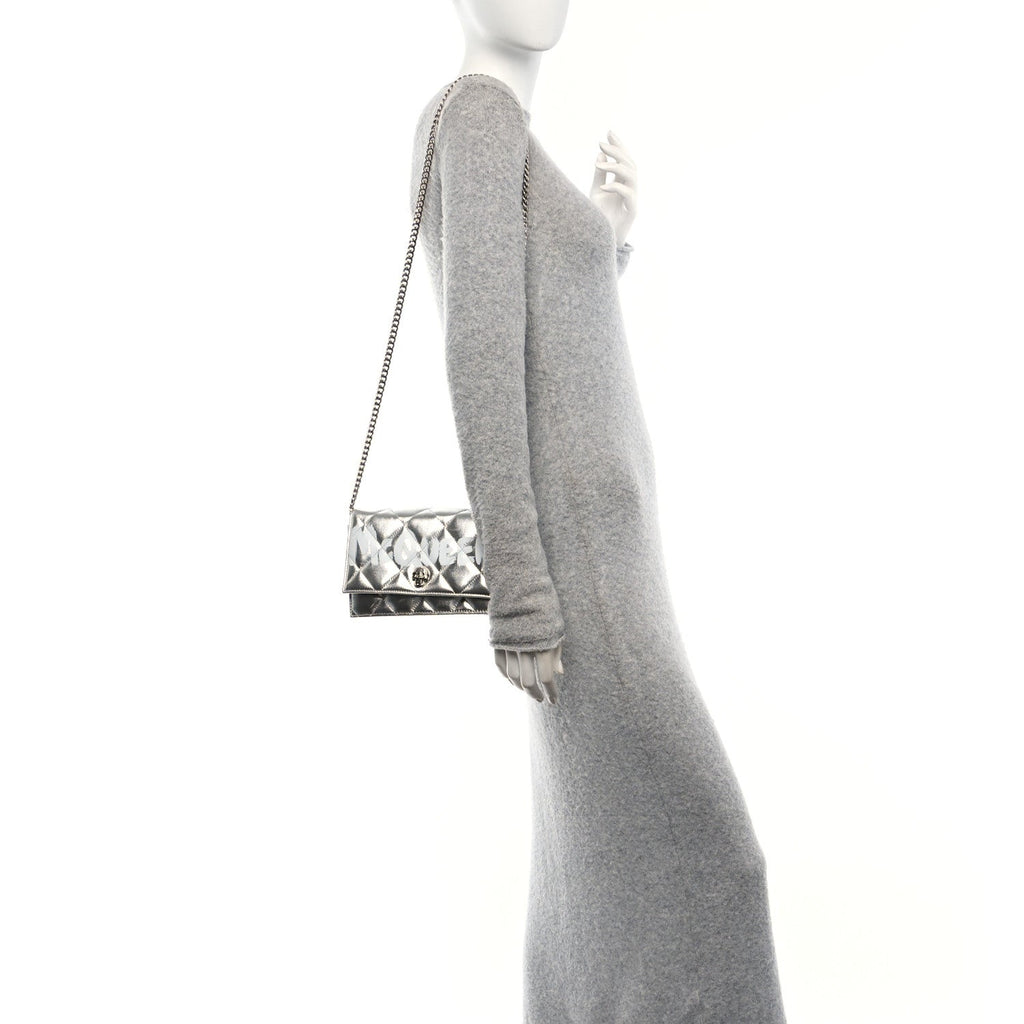 Metallic Calfskin Quilted Graffiti Skull Small Chain Crossbody Bag Silver