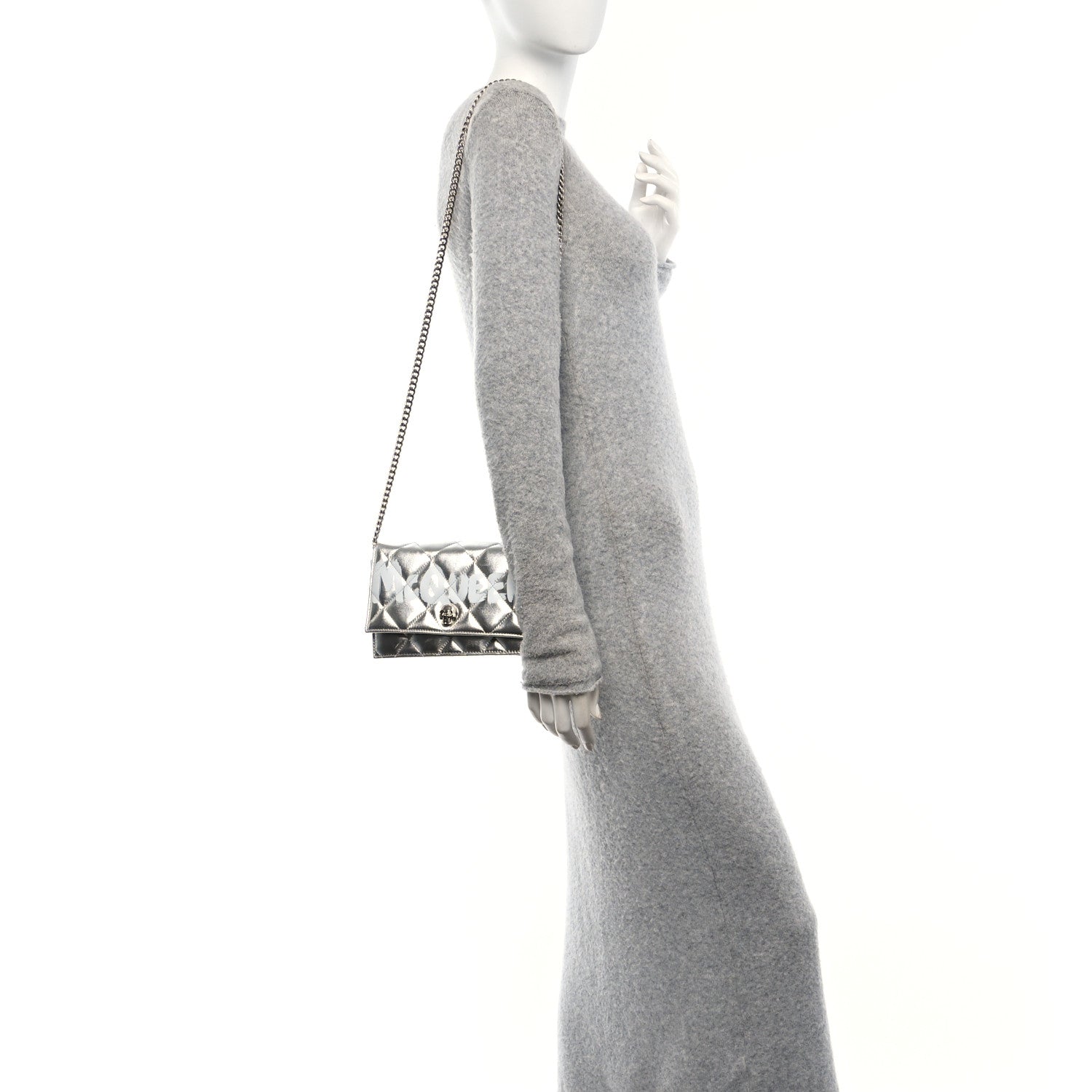 Metallic Calfskin Quilted Graffiti Skull Small Chain Crossbody Bag Silver