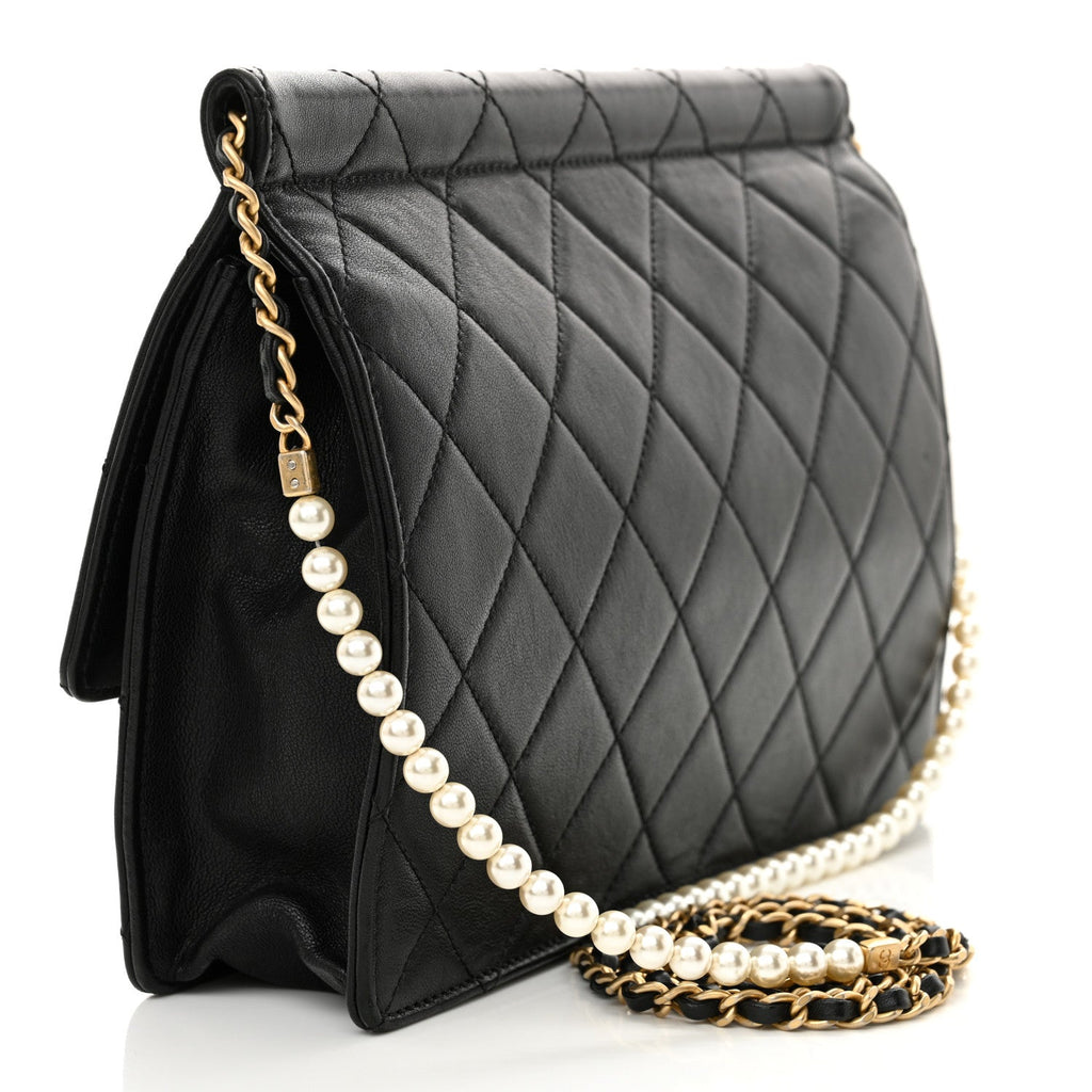 Lambskin Quilted Large Pearl Chain Flap Bag Black