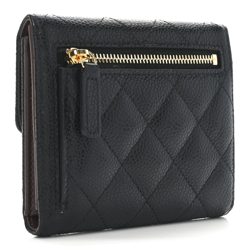 Caviar Quilted Compact Flap Wallet Black