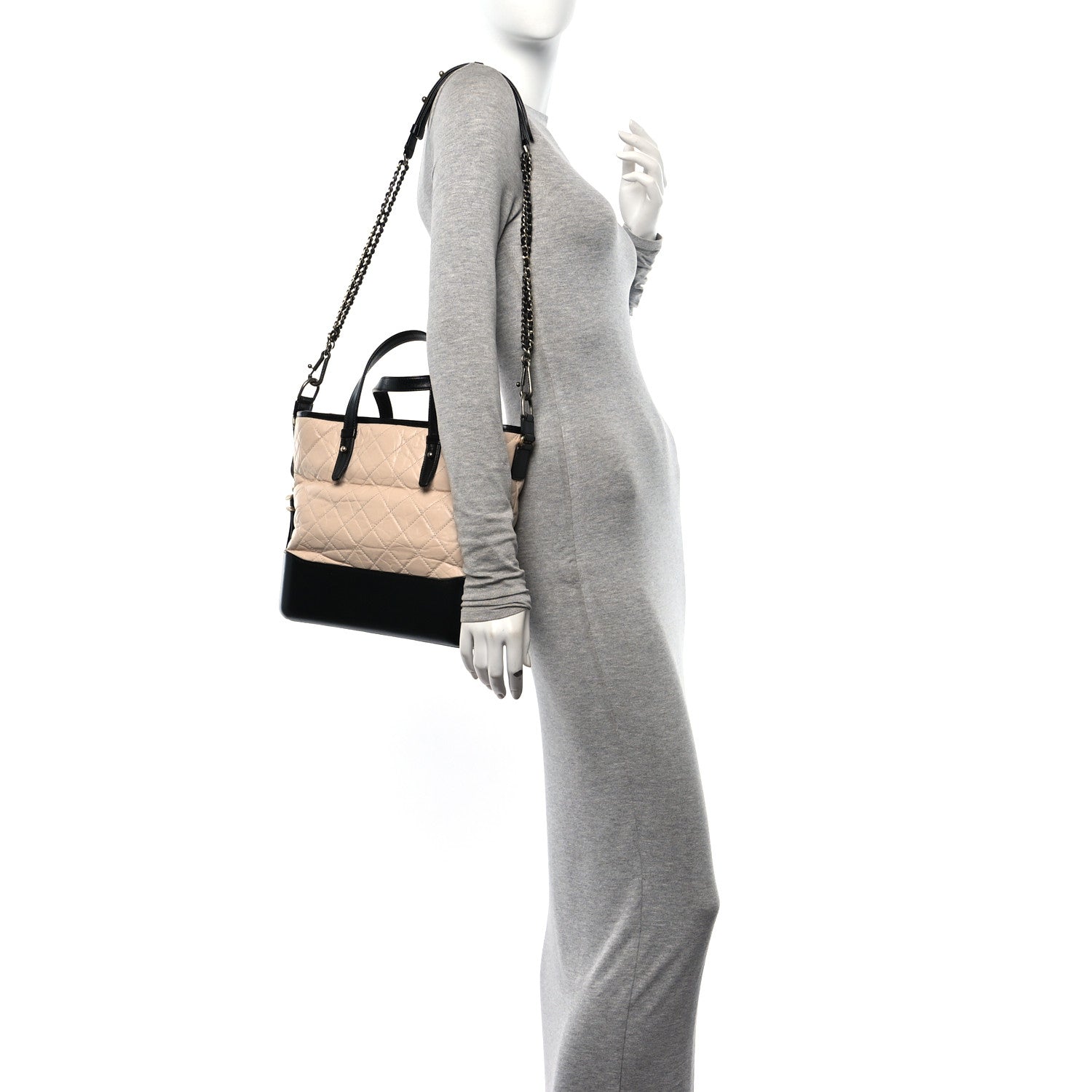 Aged Calfskin Quilted Medium Gabrielle Shopping Tote  Beige Black