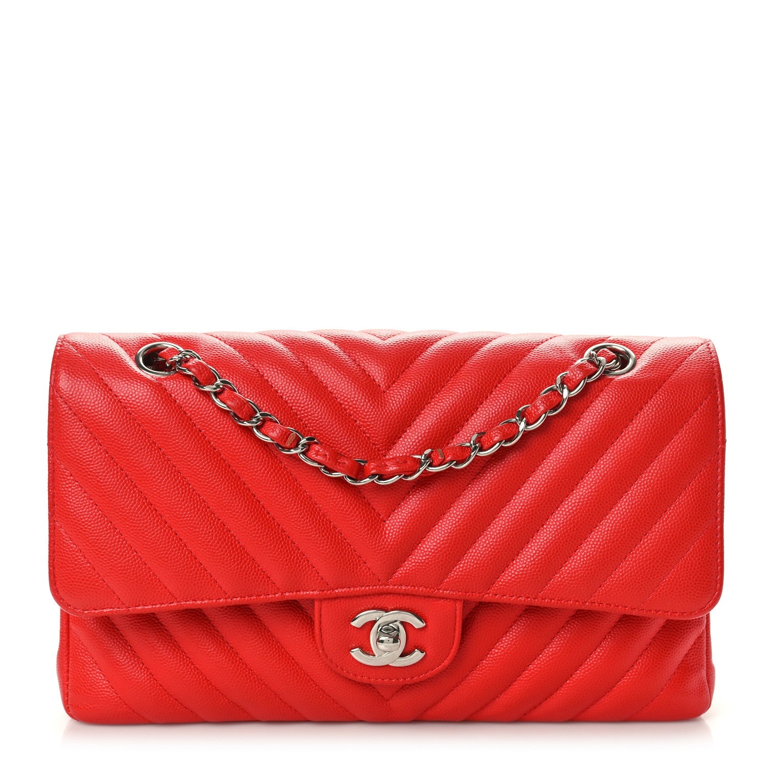 Caviar Chevron Quilted Medium Double Flap Red