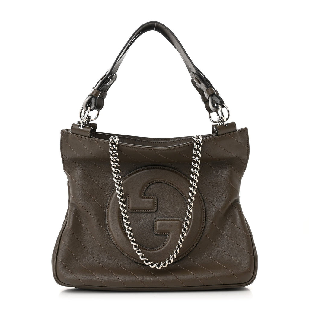 Sakai Be Green Calfskin Diagonal Stitched Small Blondie Tote Craclet Brown