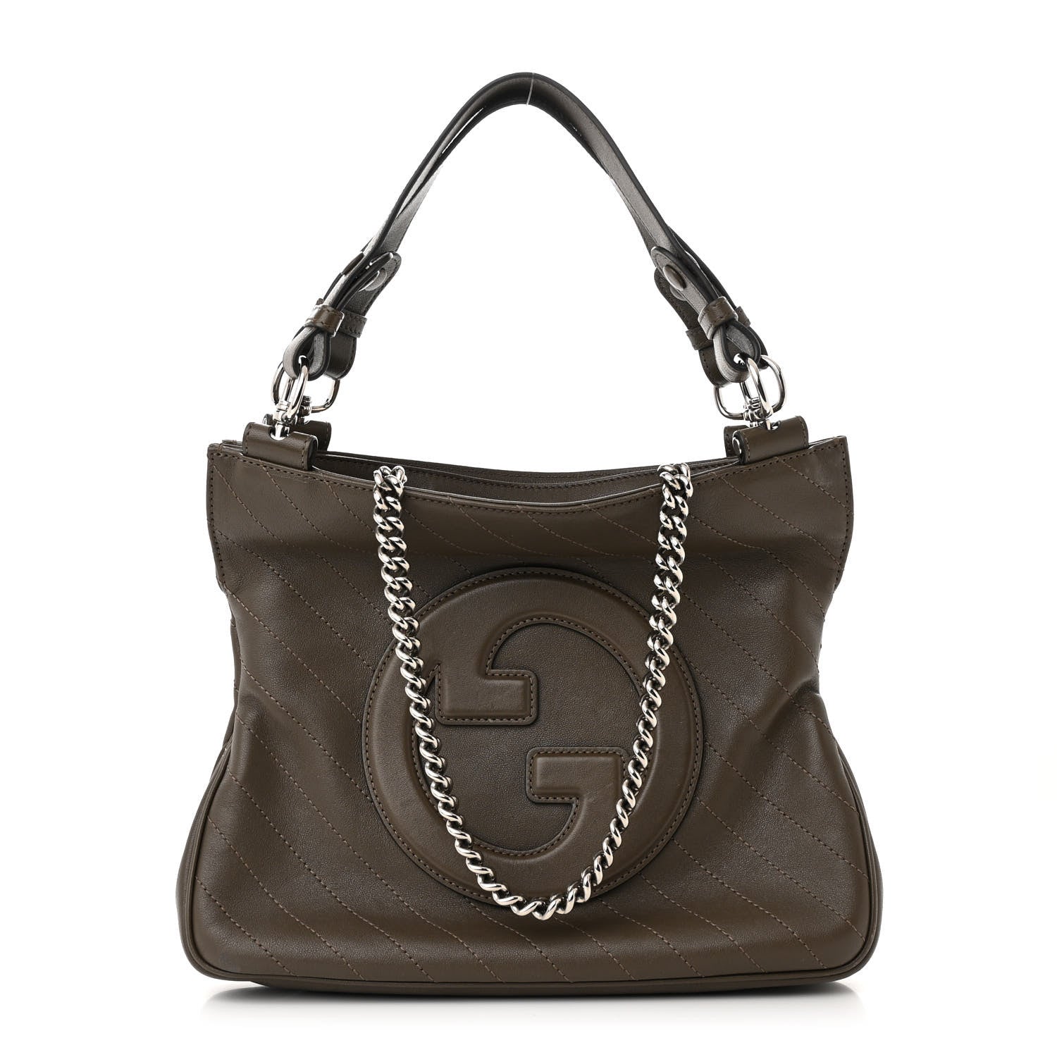 Sakai Be Green Calfskin Diagonal Stitched Small Blondie Tote Craclet Brown