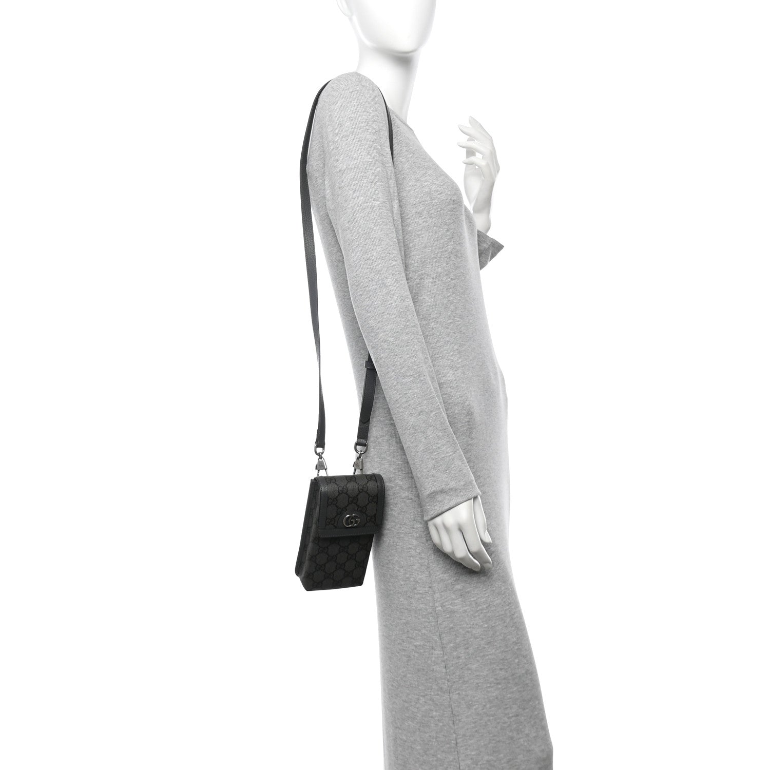GG Supreme Monogram Textured Dollar Calfskin Phone Crossbody Bag Grey Black Graphite Grey