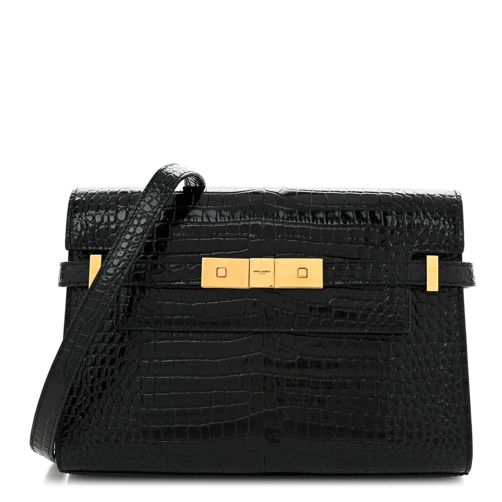 Shiny Calfskin Crocodile Embossed Small Manhattan Baguette Black