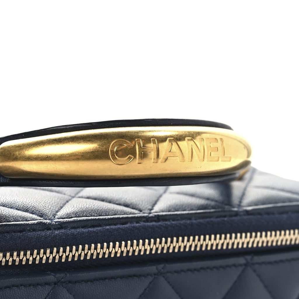 Lambskin Quilted Metal Small Top Handle Vanity Case With Chain Blue