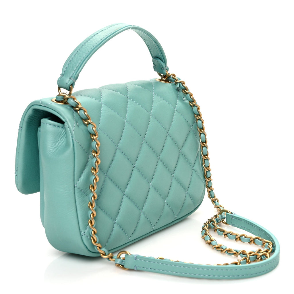 Calfskin Quilted Top Handle Flap Light Blue