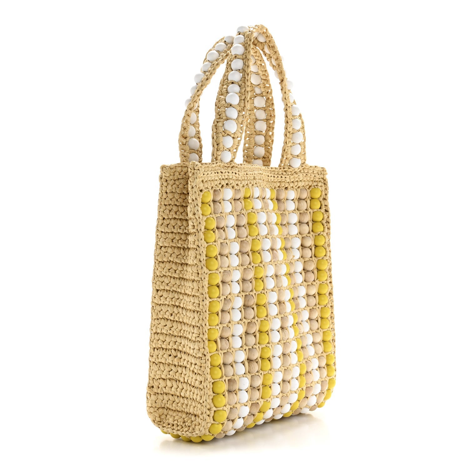 Raffia Wood Bead Embroidered Logo Tote Bag Naturale