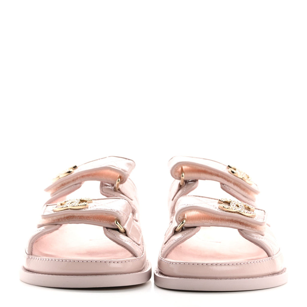 Shiny Calfskin Quilted Velcro Dad Crystal CC Slide Sandals 37 Light Pink