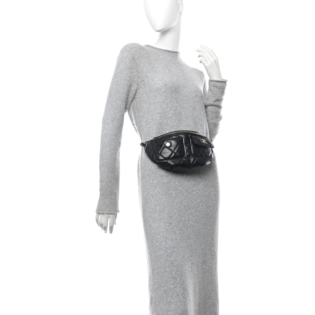 Shiny Aged Calfskin Quilted CC Pockets Jacket Waist Belt Bag Black