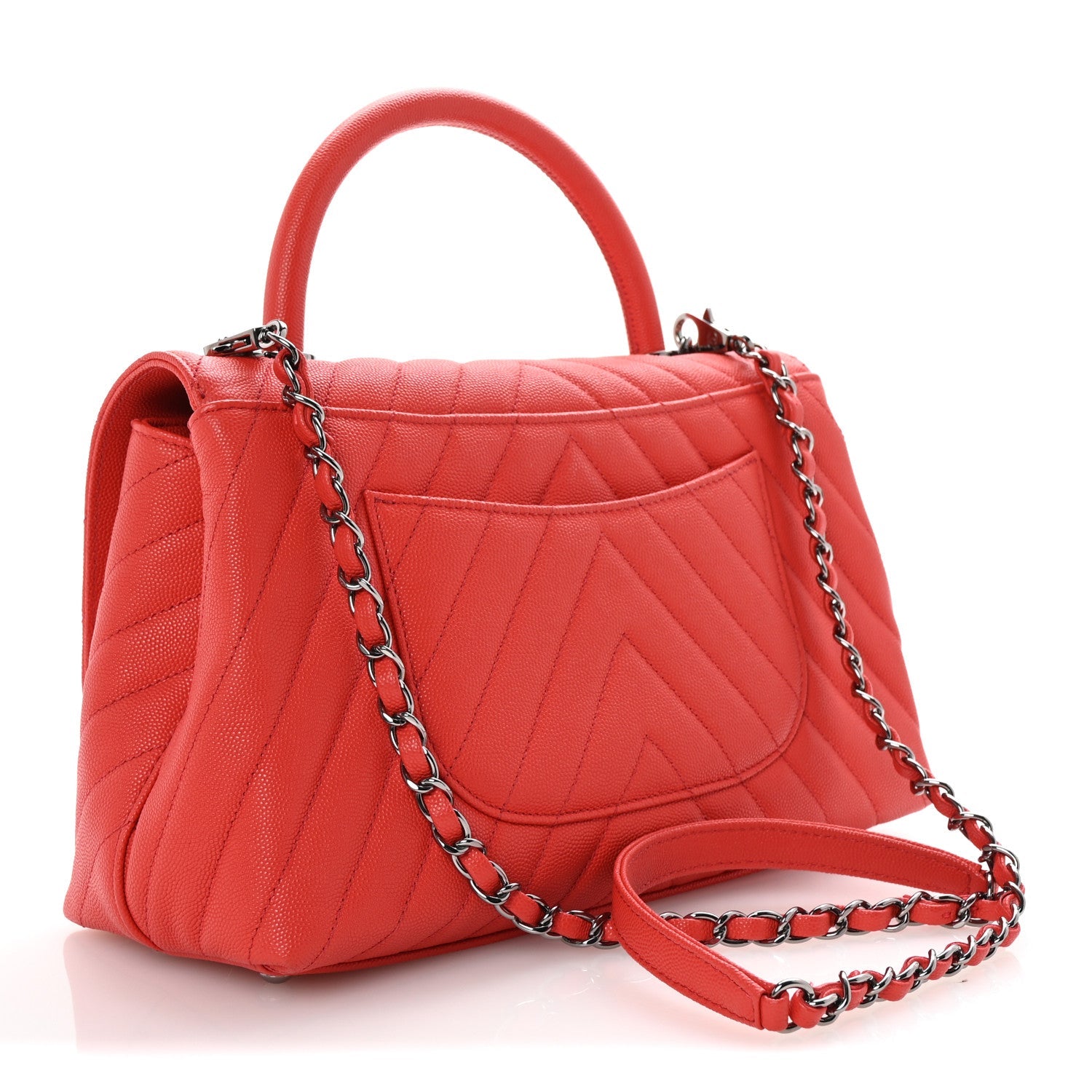 Caviar Chevron Quilted Small Coco Handle Flap Coral