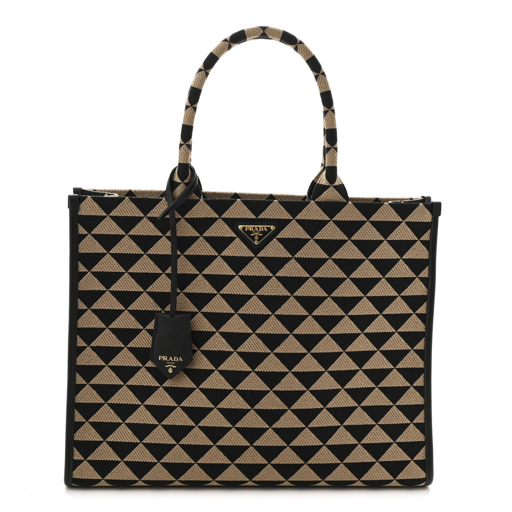 Jacquard Saffiano Triangolo Symbole Embroidered Large Tote Black Corda