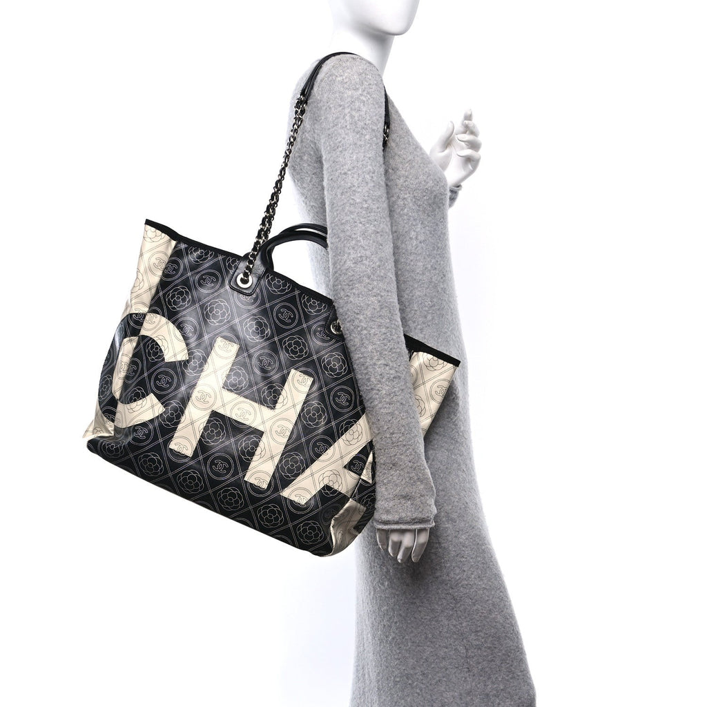 Coated Canvas Camellia Medium Shopping Tote Black Beige