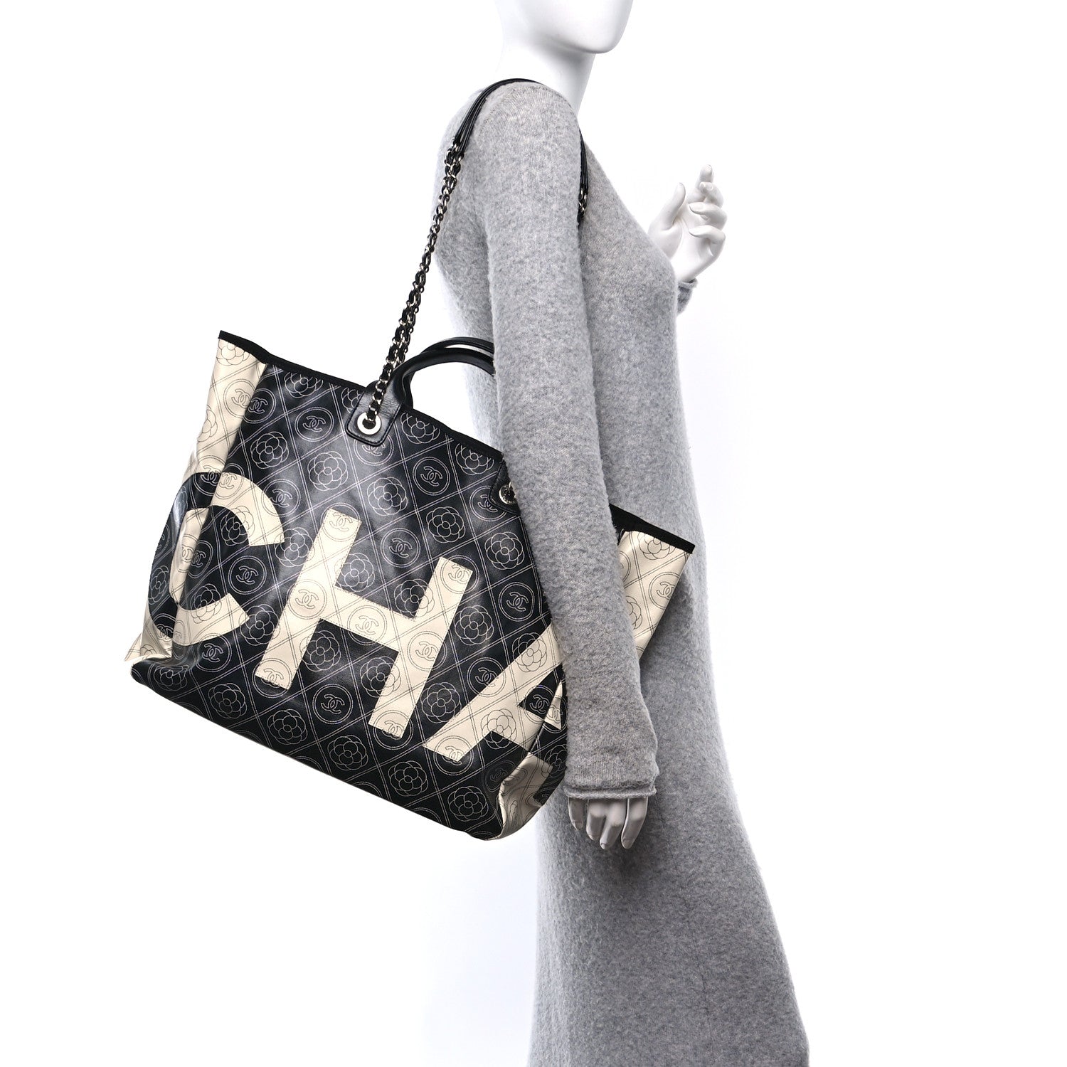 Coated Canvas Camellia Medium Shopping Tote Black Beige