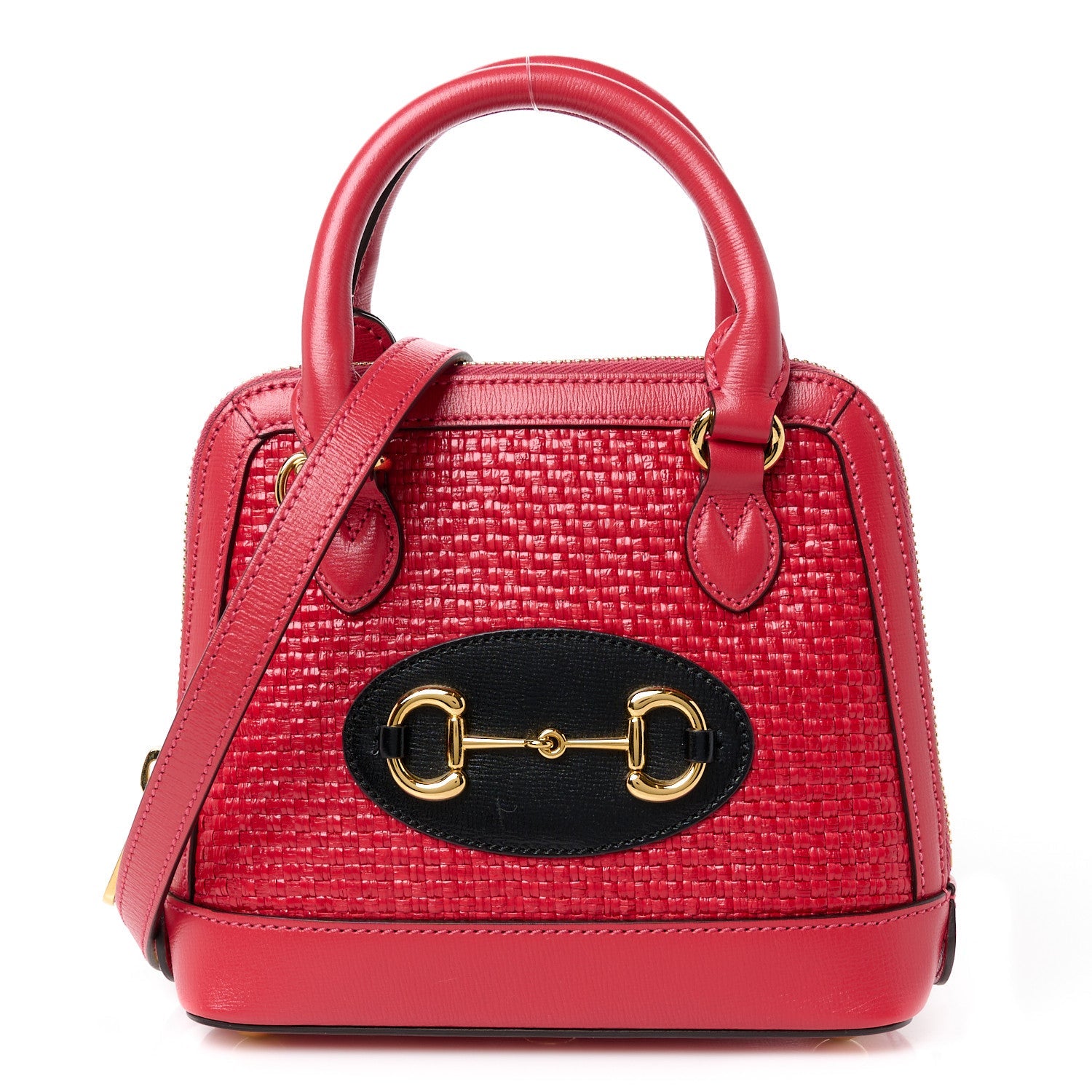 Straw Azalea Calfskin Woven Mini Horsebit 1955 Top Handle Bag Coral Wave Black
