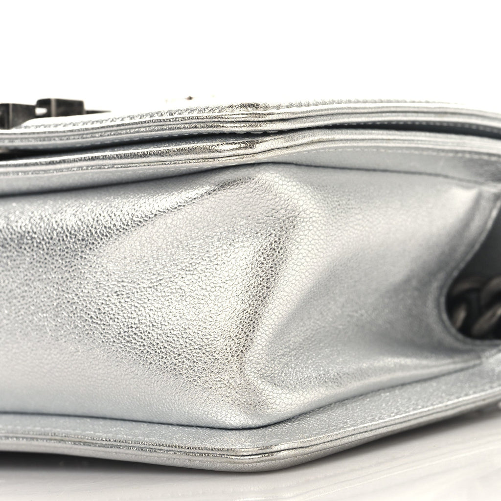 Metallic Calfskin Crystal Embroidered Small Boy Flap Silver