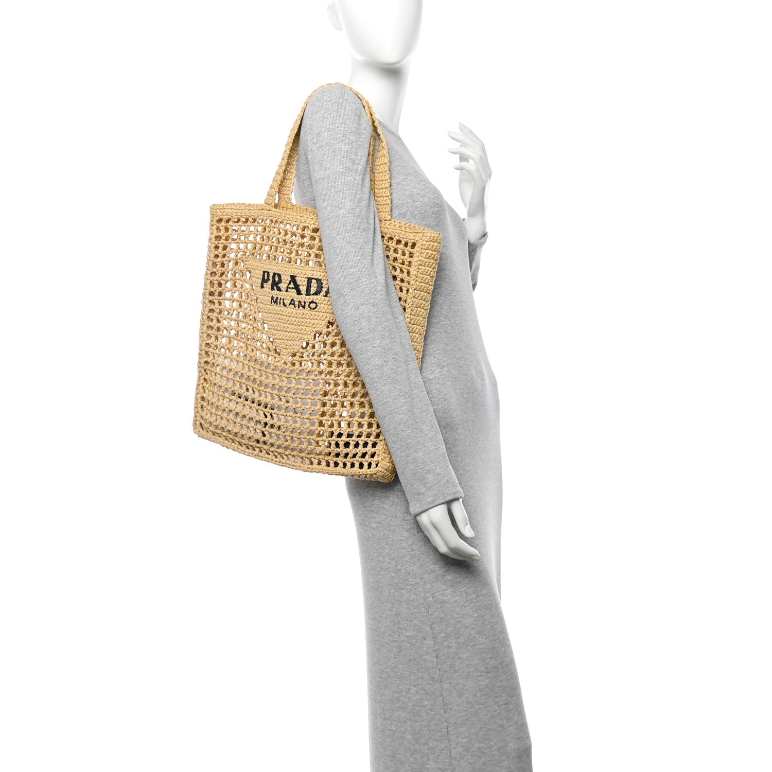 Yarn Raffia Effect Crochet Logo Embroidered Tote Bag Naturale