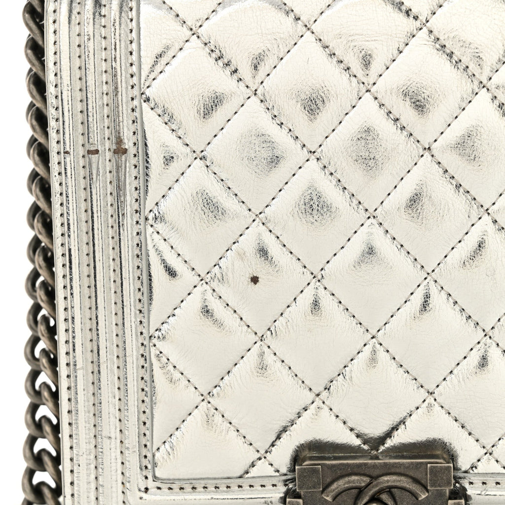 Metallic Goatskin Quilted North South Boy Flap Silver
