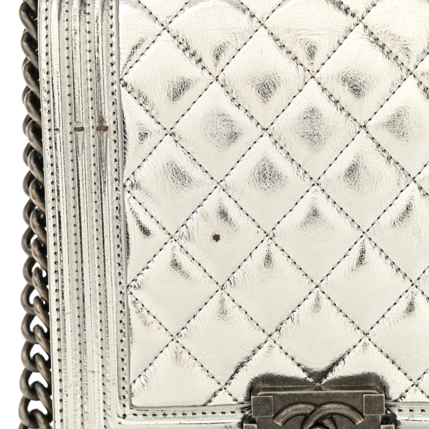 Metallic Goatskin Quilted North South Boy Flap Silver