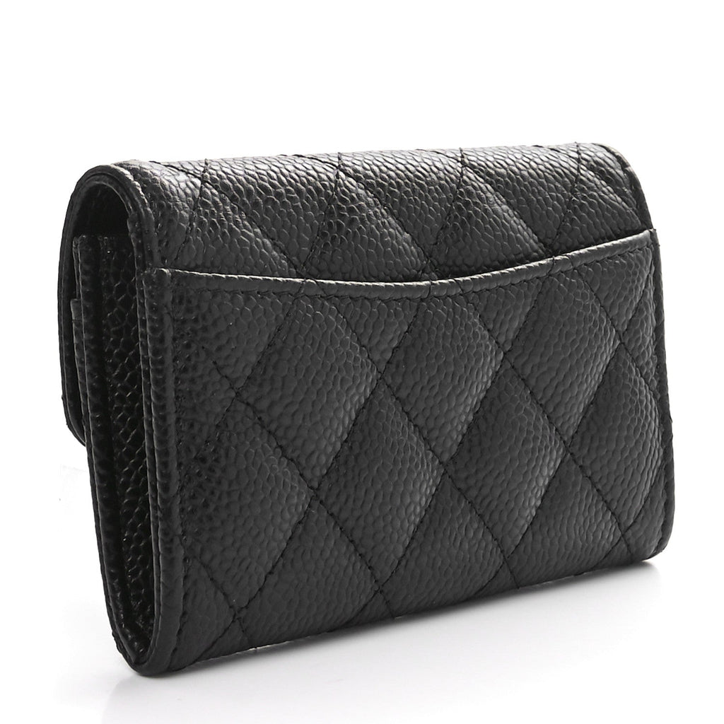 Caviar Quilted Flap  Holder Wallet Black