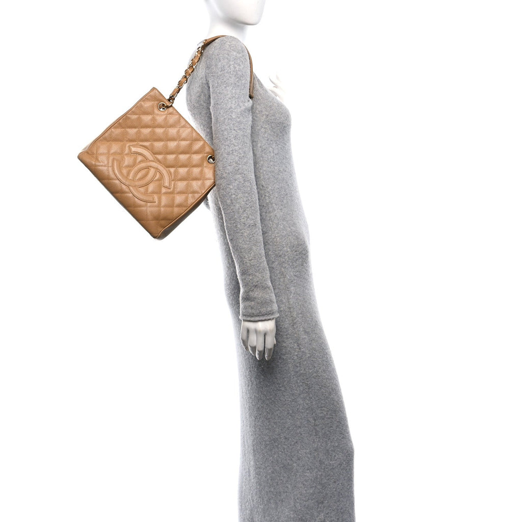 Caviar Quilted Petit Shopping Tote PST Dark Beige
