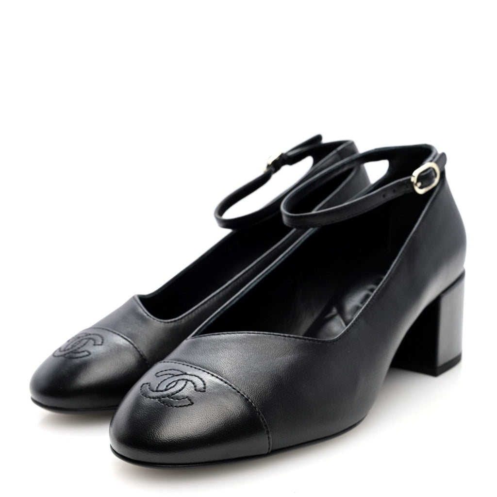 Lambskin Cap Toe Mary Jane Pumps 38 Black