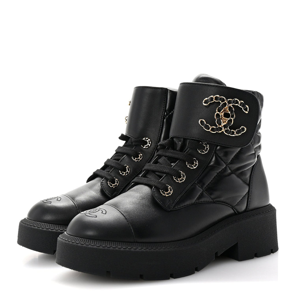 Lambskin Calfskin Quilted Lace Up Combat Boots 37 Black