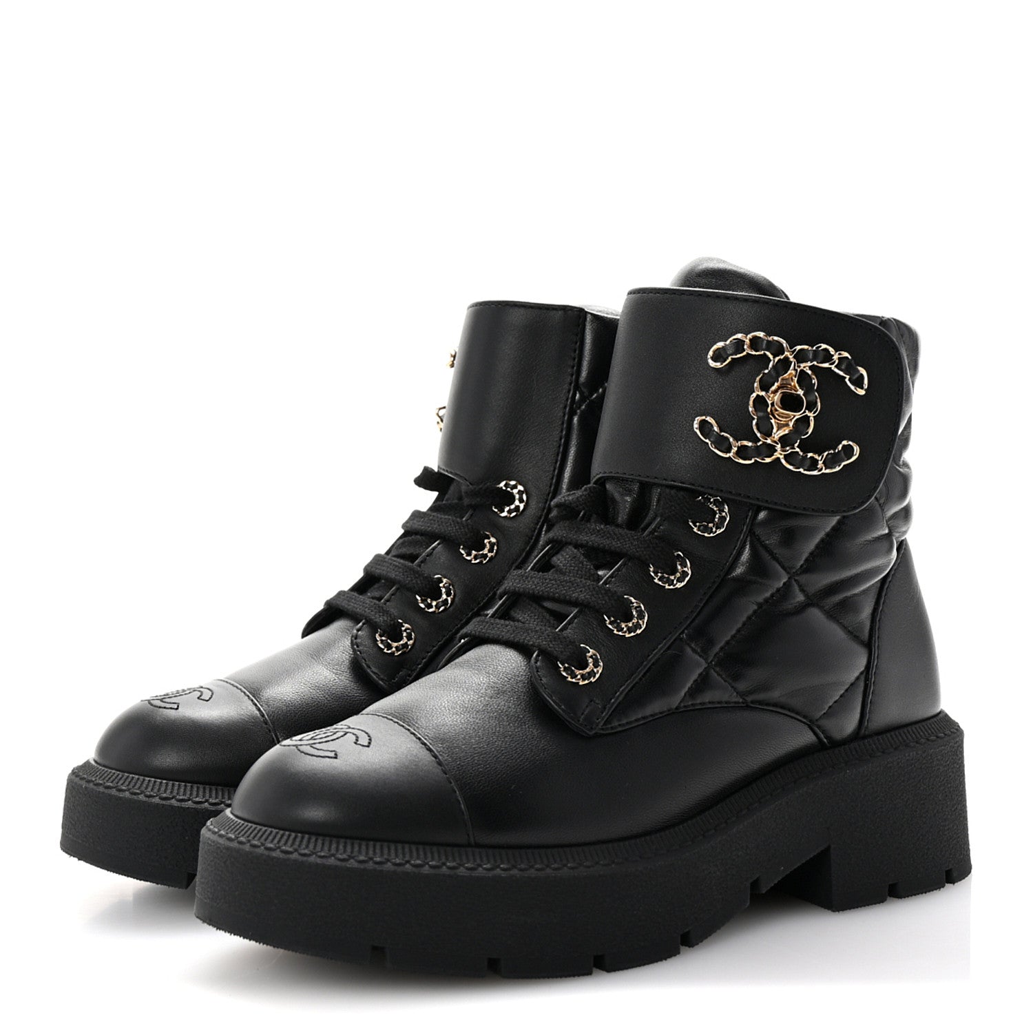 Lambskin Calfskin Quilted Lace Up Combat Boots 37 Black