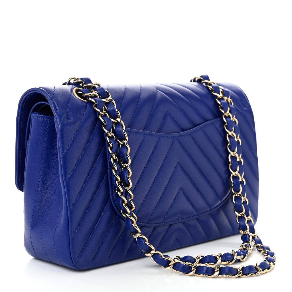 Lambskin Chevron Quilted Medium Double Flap Blue